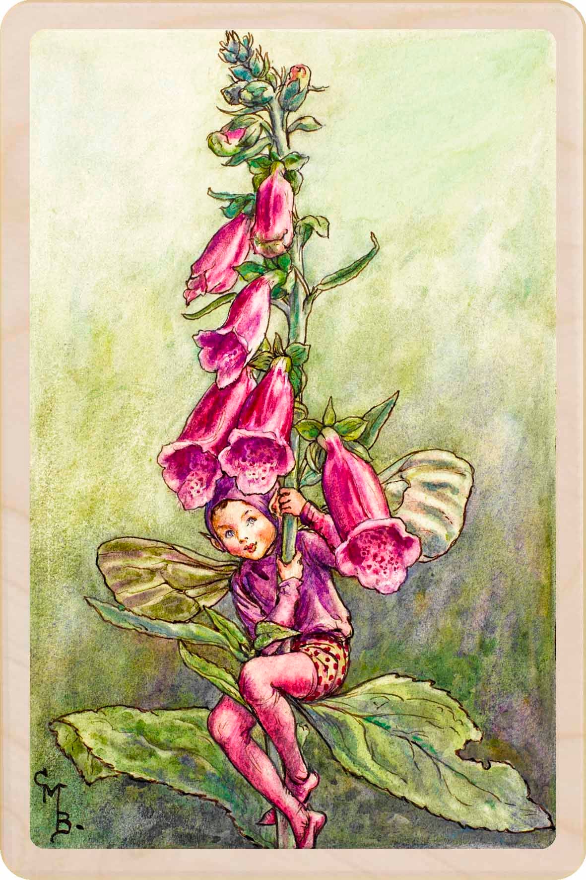 Foxglove Fairy by Cicely Mary Barker. Printed with vibrant colour and fine detail. Made to send, keep, or collect. Handmade in the UK since 2012.