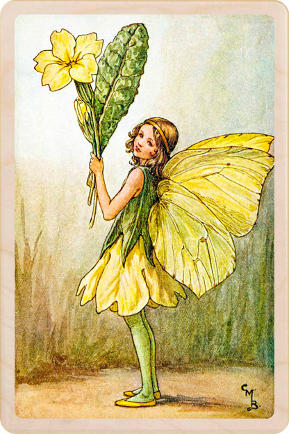 Primrose Fairy by Cicely Mary Barker. Printed with vibrant colour and fine detail. Made to send, keep, or collect. Handmade in the UK since 2012.