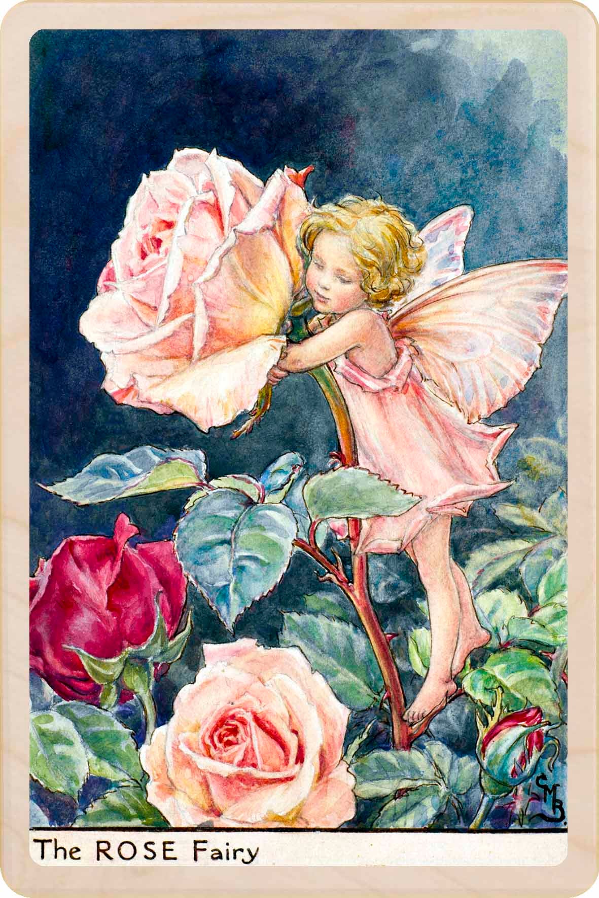 Rose Fairy by Cicely Mary Barker. Printed with vibrant colour and fine detail. Made to send, keep, or collect. Handmade in the UK since 2012.