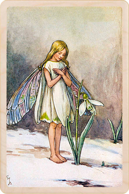 Snowdrop Fairy, Cicely Mary Barker, official Winter Flower Fairies wooden Christmas card. The Wooden Postcard Company