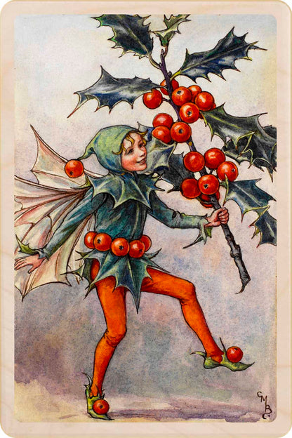 Holly Fairy, Cicely Mary Barker, official Winter Flower Fairies wooden Christmas card. The Wooden Postcard Company