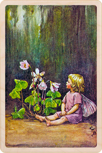 Wood Sorrel Fairy by Cicely Mary Barker. Printed with vibrant colour and fine detail. Made to send, keep, or collect. Handmade in the UK since 2012.