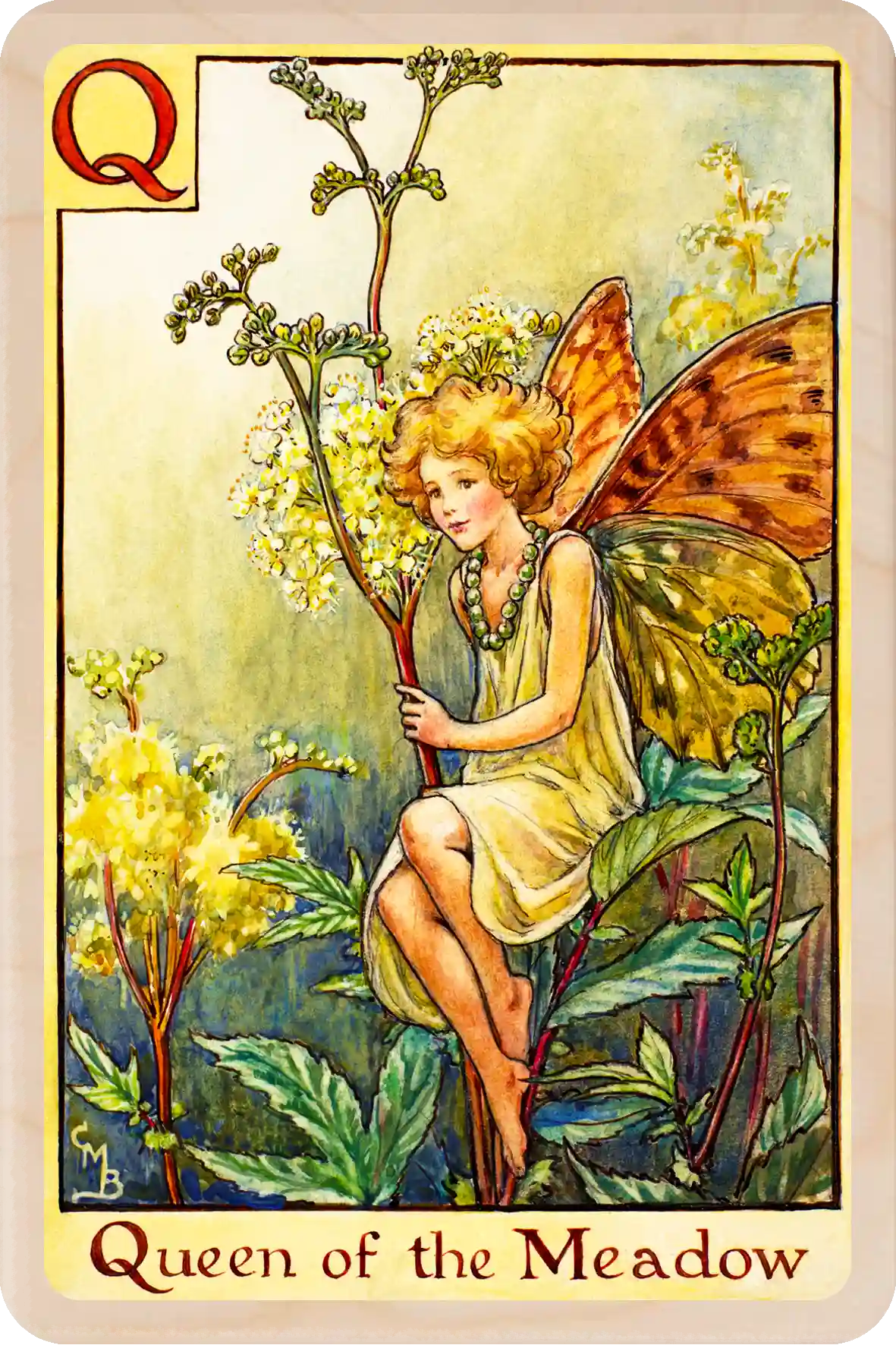 Q - Queen of the Meadow Fairy – Alphabet Flower Fairies™ Original Flower Fairies™ illustration by Cicely Mary Barker, printed on sustainable wood. Part of the Alphabet Fairy collection made to send, gift and display.