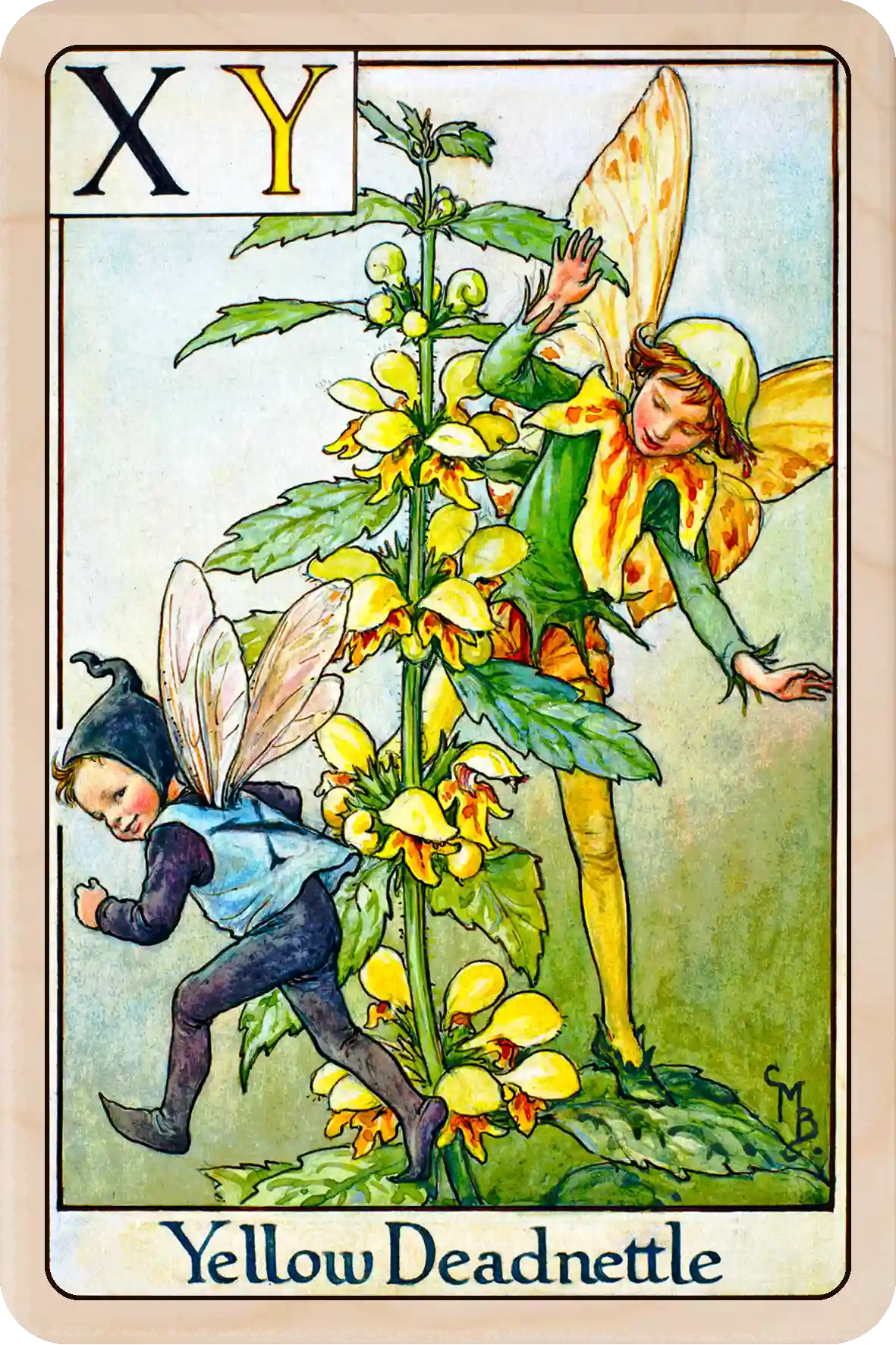 Yellow Deadnettle Fairy Original Flower Fairies™  by Cicely Mary Barker, printed on sustainable wood. Part of the Alphabet Fairy collection made to send, gift and display.