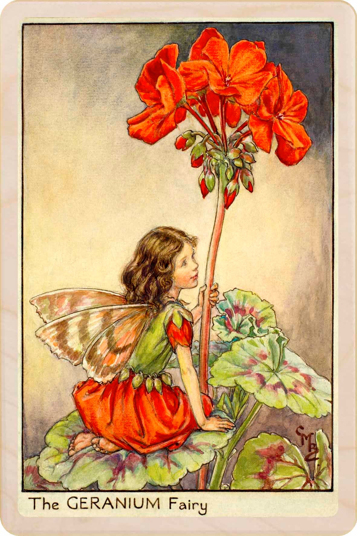 Geranium Fairy by Cicely Mary Barker. Printed with vibrant colour and fine detail. Made to send, keep, or collect. Handmade in the UK since 2012.