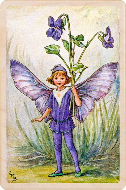 Violet Fairy by Cicely Mary Barker. Printed with vibrant colour and fine detail. Made to send, keep, or collect. Handmade in the UK since 2012.
