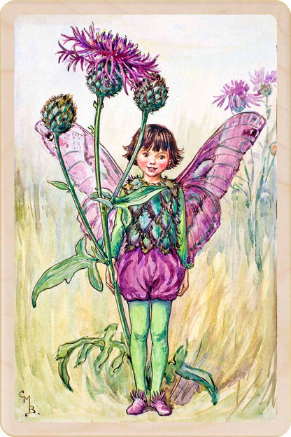 The Thistle Flower Fairy, wooden postcard to send, to gift, or to keep and display. The Wooden Postcard Company