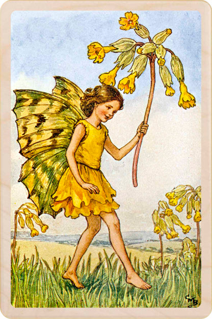 Cowslip Fairy by Cicely Mary Barker. Printed with vibrant colour and fine detail. Made to send, keep, or collect. Handmade in the UK since 2012.