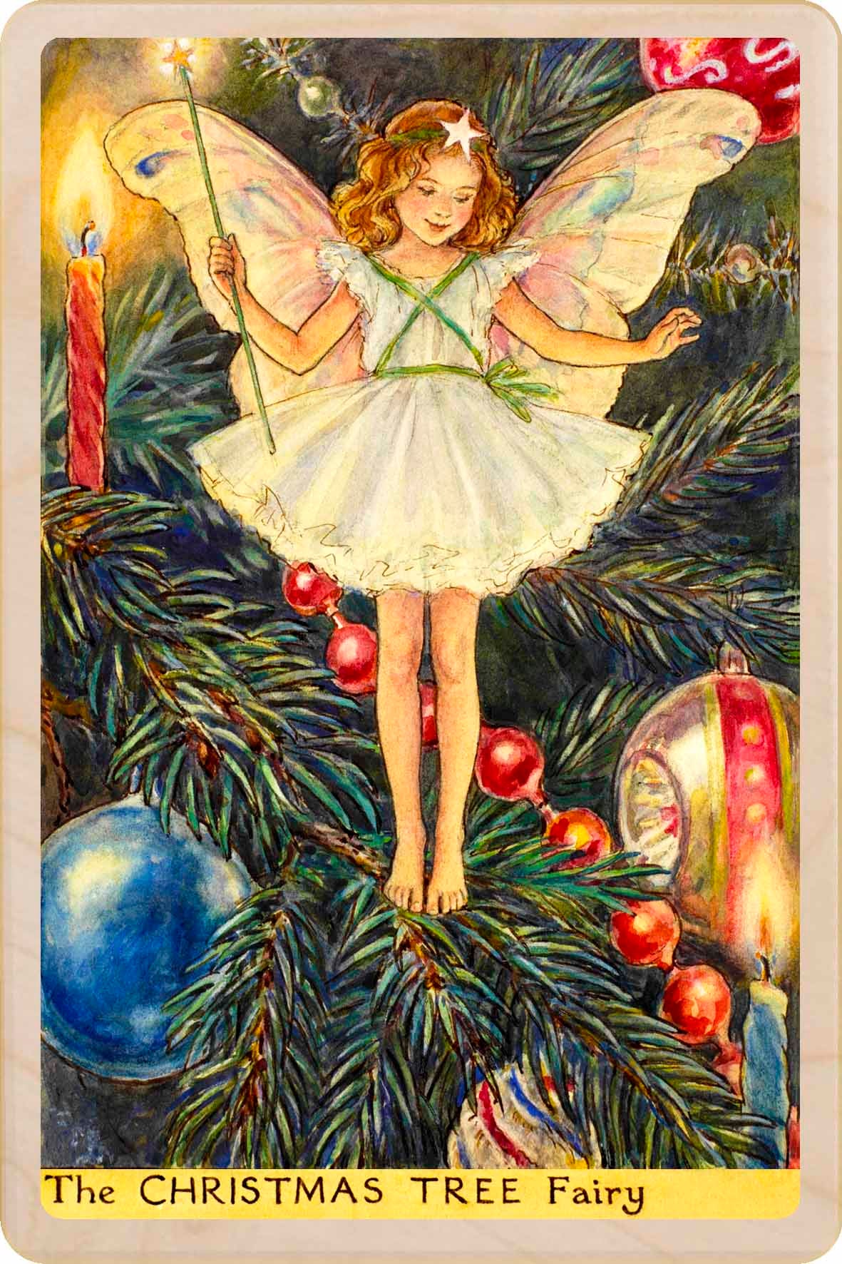 The Christmas tree fairy, original illustration Cicely Mary Barker, The Flower Fairies ™. Eco-friendly wooden Christmas card- The Wooden Postcard Company.