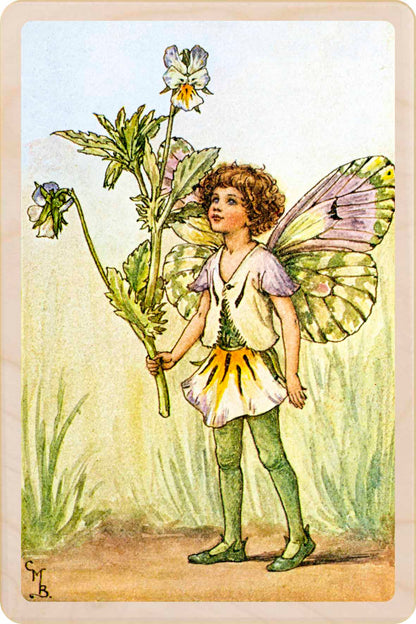 Heart's Ease Fairy by Cicely Mary Barker. Printed with vibrant colour and fine detail. Made to send, keep, or collect. Handmade in the UK since 2012.