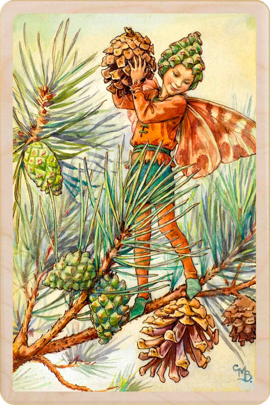 Fairy in a pine tree with pinecones and branches. The Pine Tree Fairy&nbsp; - Sustainable Card - Wooden Postcard&nbsp;
Original Flower Fairies™ illustration by Cicely Mary Barker, printed in Suffolk on sustainable wood. Made to send, keep, or display—an eco-friendly keepsake for fairy fans, garden lovers, and collectors.