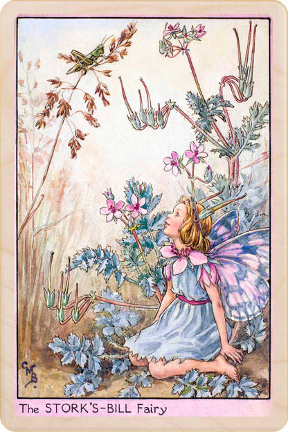 Stork Bill Fairy by Cicely Mary Barker. Printed in Suffolk with vibrant colour and fine detail. Made to send, keep, or collect. Handmade in the UK since 2012.