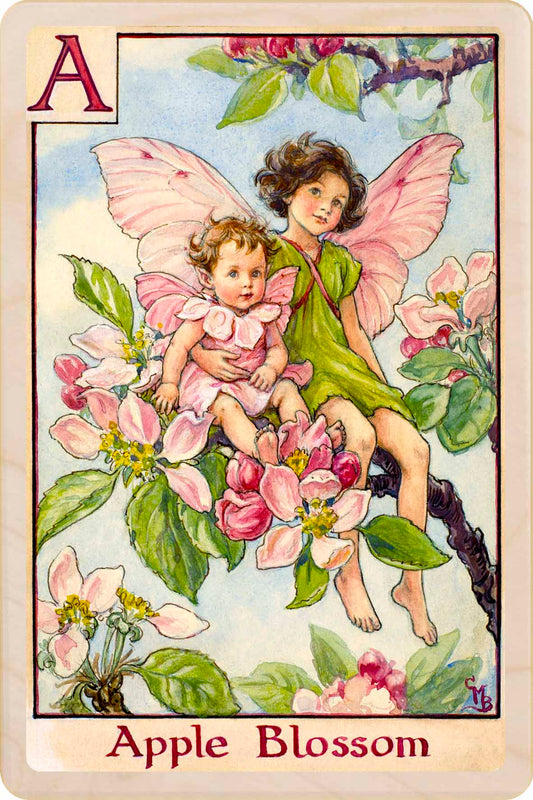 A - Apple Blossom Fairy – Alphabet Flower Fairies™ Wooden Postcard
Original Flower Fairies™ illustration by Cicely Mary Barker, printed in Suffolk on sustainable wood. Part of the Alphabet Fairy collection—made to send, keep and display.