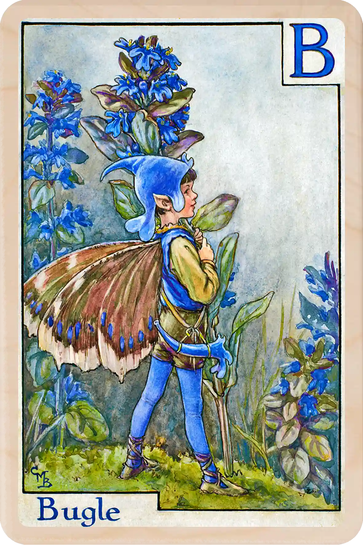 Bugle Flower Fairy, wooden postcard to send, to gift, or to keep and display. The Wooden Postcard Company