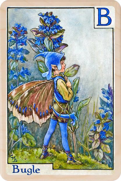 Bugle Flower Fairy, wooden postcard to send, to gift, or to keep and display. The Wooden Postcard Company