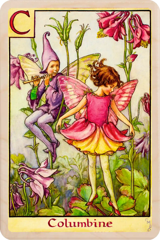 C - Columbine Fairy: Alphabet Flower Fairies™ Wooden Postcard
Original Flower Fairies™ illustration by Cicely Mary Barker, printed in Suffolk on sustainable wood. Part of the Alphabet Fairy collection to send, gift and display.