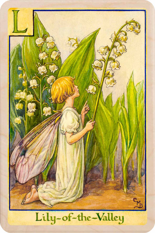 L - Lily of the Valley Fairy – Alphabet Flower Fairies™ Wooden Postcard
Original Flower Fairies™ illustration by Cicely Mary Barker, printed in Suffolk on sustainable wood. Part of the Alphabet Fairy collection—made to send, keep and display.