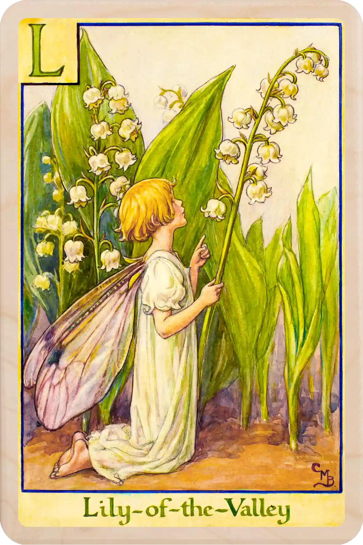 L - Lily of the Valley Fairy: Alphabet Flower Fairies™ 
Original Flower Fairies™ illustration by Cicely Mary Barker, printed in Suffolk on sustainable wood. Part of the Alphabet Fairy collection, made to send, gift and display.