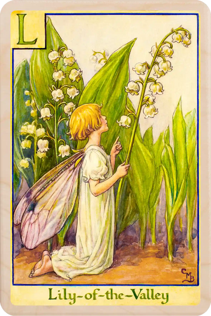 L - Lily of the Valley Fairy: Alphabet Flower Fairies™ 
Original Flower Fairies™ illustration by Cicely Mary Barker, printed in Suffolk on sustainable wood. Part of the Alphabet Fairy collection, made to send, gift and display.