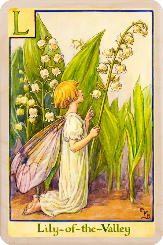 L - Lily of the Valley Fairy: Alphabet Flower Fairies™ 
Original Flower Fairies™ illustration by Cicely Mary Barker, printed in Suffolk on sustainable wood. Part of the Alphabet Fairy collection, made to send, gift and display.