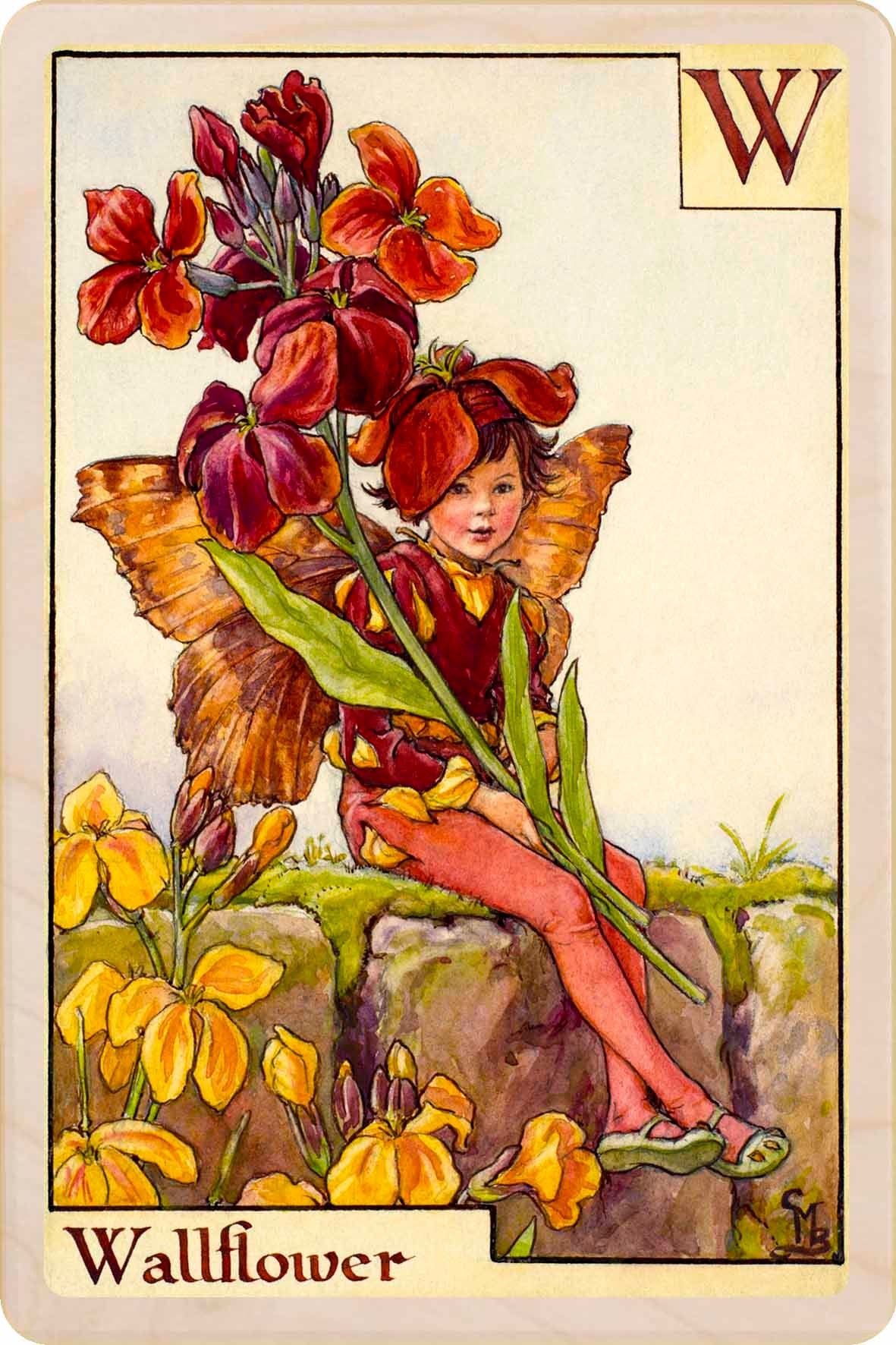 Wallflower Fairy from the Alphabet Flower Fairies™ by Cicely Mary Barker. Printed in Suffolk with fine detail and vibrant colour. Handmade in the UK since 2012.