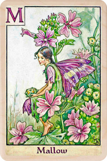 Mallow Fairy from the Alphabet Flower Fairies™ by Cicely Mary Barker. Printed in Suffolk with fine detail and vibrant colour. Handmade in the UK since 2012.