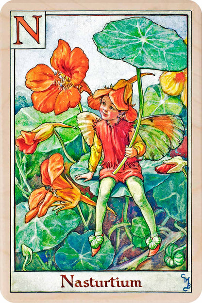 Nasturtium Fairy from the Alphabet Flower Fairies™ by Cicely Mary Barker. Printed in Suffolk with fine detail and vibrant colour. Handmade in the UK since 2012.