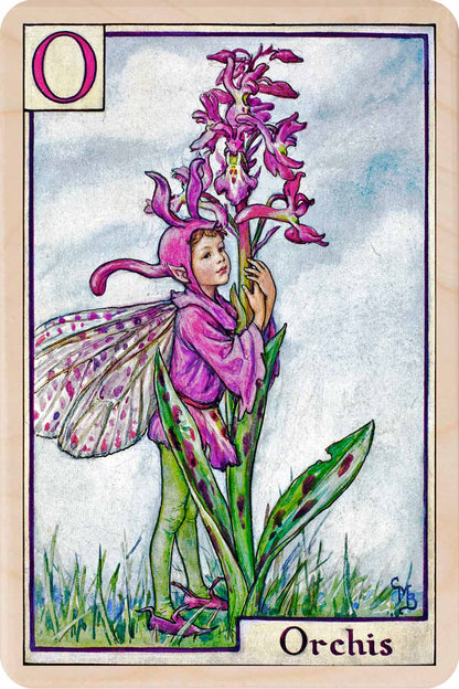 Orchis Fairy from the Alphabet Flower Fairies™ by Cicely Mary Barker. Printed in Suffolk with fine detail and vibrant colour. Handmade in the UK since 2012.