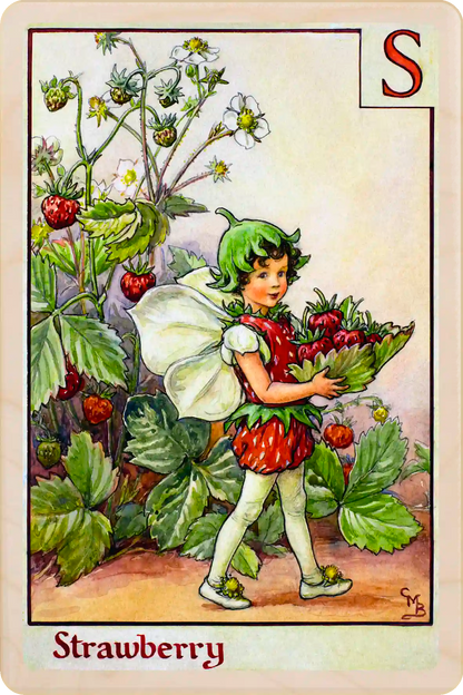 Strawberry Flower Fairy, wooden postcard to send, to gift, or to keep and display. The Wooden Postcard Company