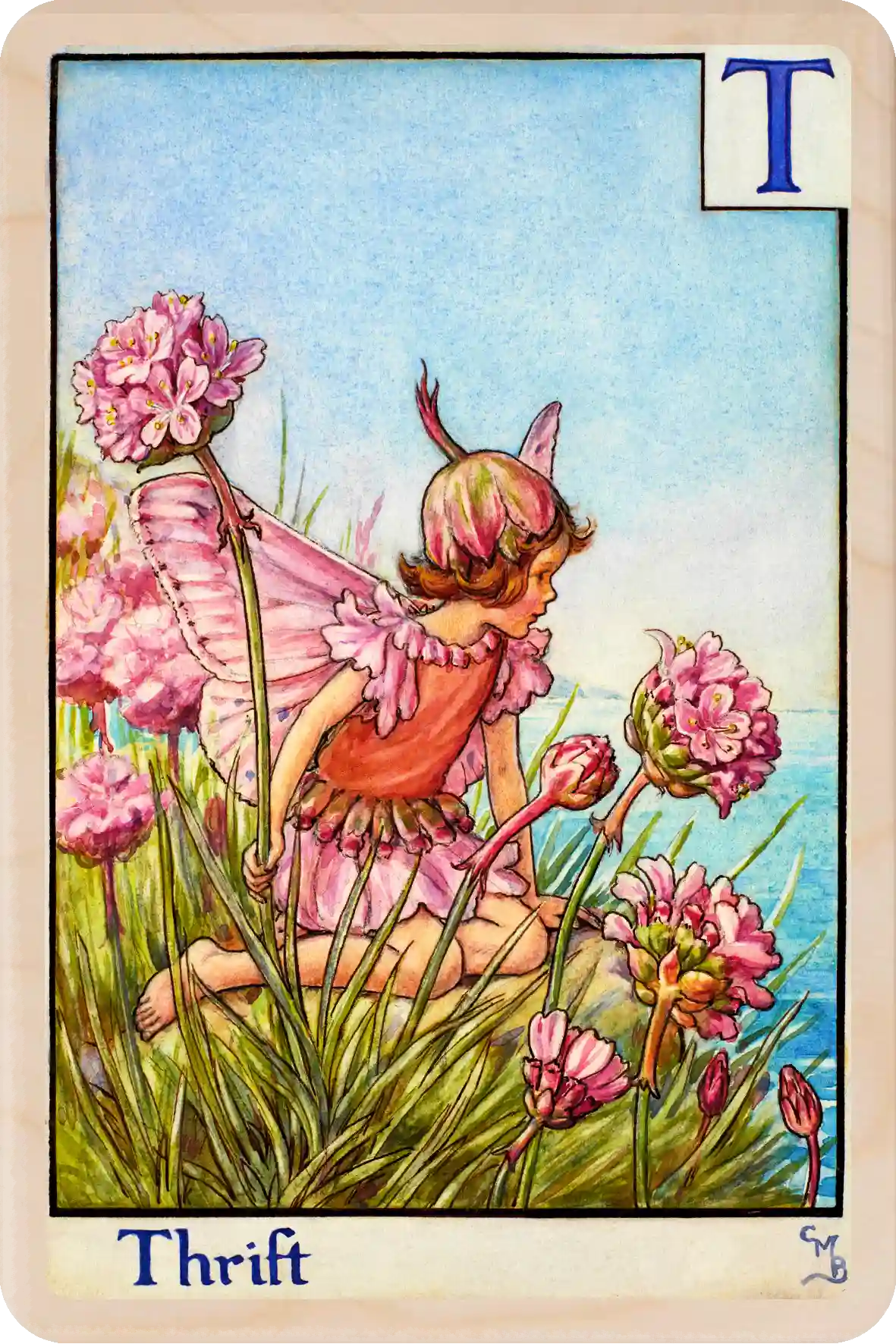 Thrift Fairy – Alphabet Flower Fairies™ Original Flower Fairies™ illustration by Cicely Mary Barker, printed on sustainable wood. Part of the Alphabet Fairy collection made to send, gift and display.