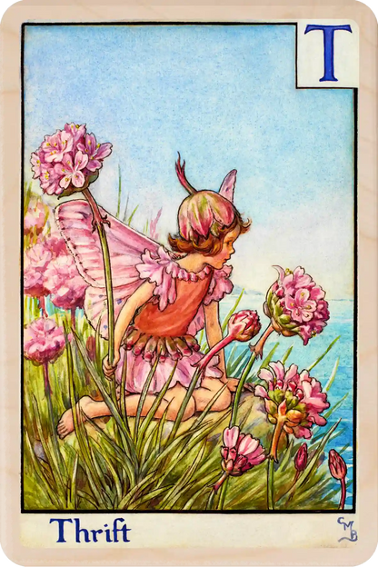 Thrift Fairy – Alphabet Flower Fairies™ Original Flower Fairies™ illustration by Cicely Mary Barker, printed on sustainable wood. Part of the Alphabet Fairy collection made to send, gift and display.