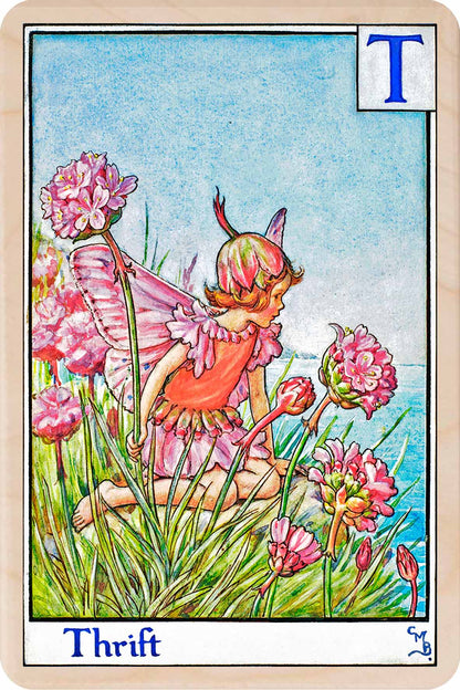 Thrift Fairy from the Alphabet Flower Fairies™ by Cicely Mary Barker. Printed in Suffolk with fine detail and vibrant colour. Handmade in the UK since 2012.