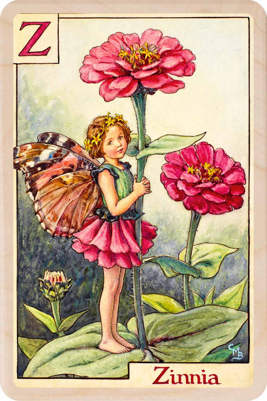 Zinnia Fairy from the Alphabet Flower Fairies™ by Cicely Mary Barker. Printed in Suffolk with fine detail and vibrant colour. Handmade in the UK since 2012.