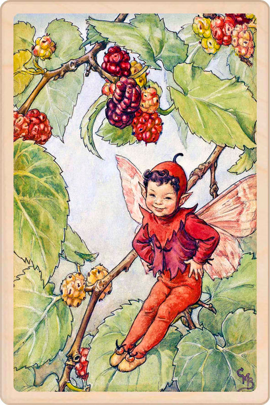 Illustration of a fairy sitting on a branch with mulberries The Mulberry Fairy&nbsp; - Sustainable Card - Wooden Postcard&nbsp;
Original Flower Fairies™ illustration by Cicely Mary Barker, printed in Suffolk on sustainable wood. Made to send, keep, or display—an eco-friendly keepsake for fairy fans, garden lovers, and collectors.