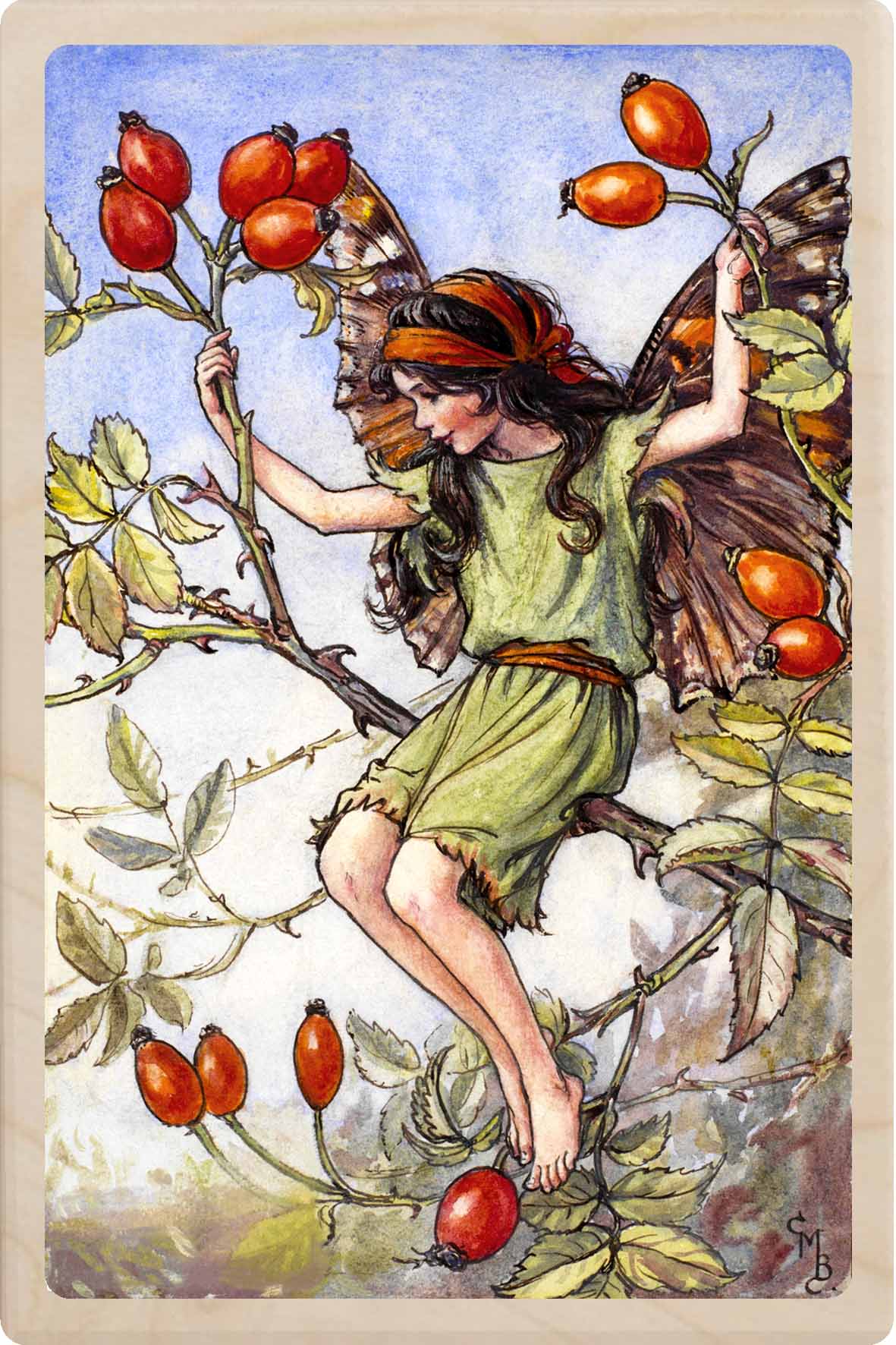 Fairy sitting among rosehips on a branch with a blue sky background. The Rosehip Fairy - Sustainable Card - Wooden Postcard&nbsp;
Original Flower Fairies™ illustration by Cicely Mary Barker, printed in Suffolk on sustainable wood. Made to send, keep, or display—an eco-friendly keepsake for fairy fans, garden lovers, and collectors.