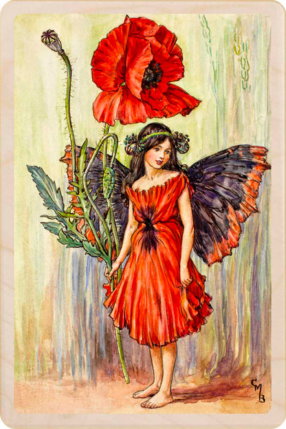 Poppy Fairy by Cicely Mary Barker. Printed with vibrant colour and fine detail. Made to send, keep, or collect. Handmade in the UK since 2012.