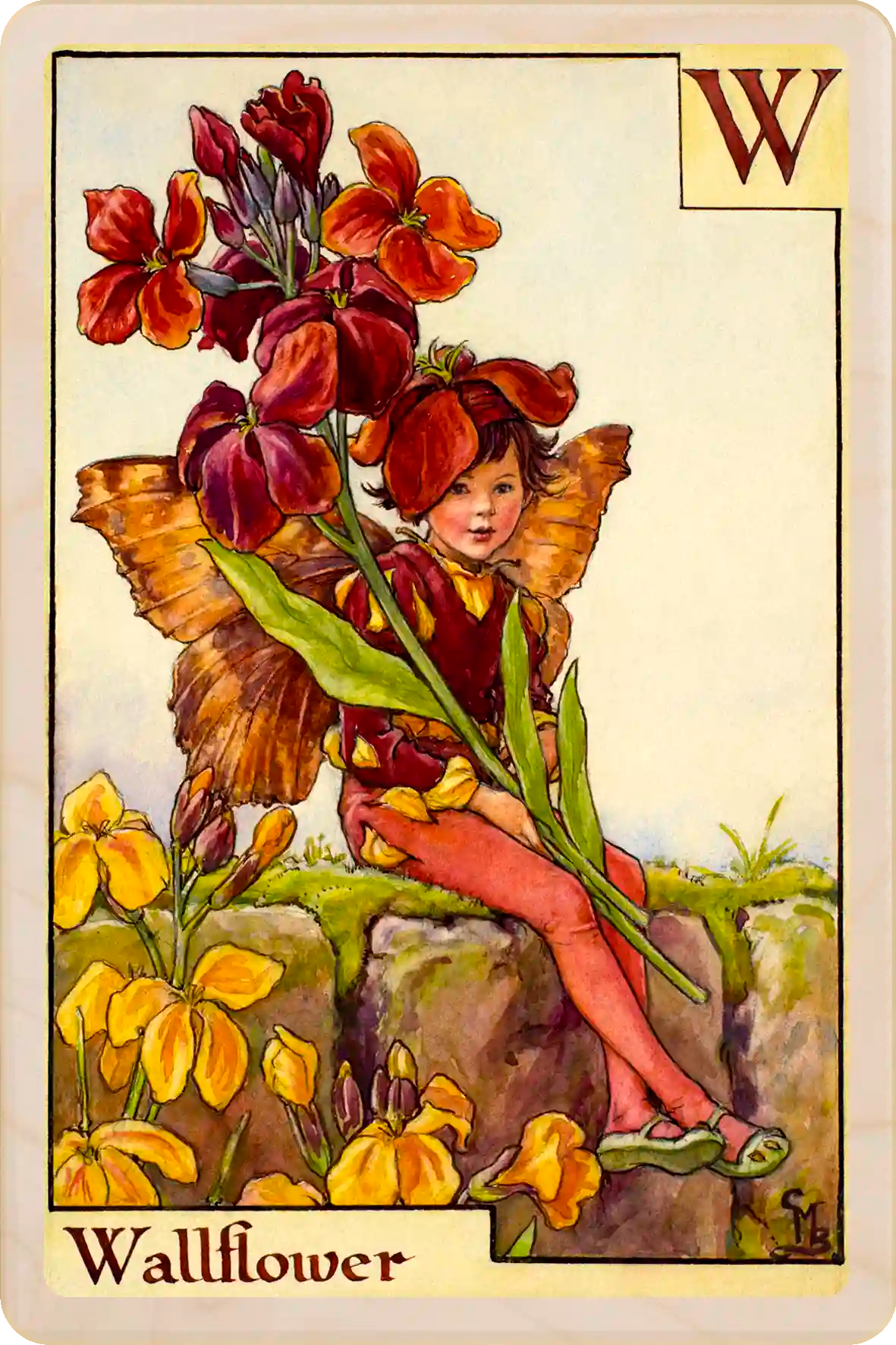 Wallflower Fairy – Alphabet Flower Fairies™ Original Flower Fairies™ illustration by Cicely Mary Barker, printed on sustainable wood. Part of the Alphabet Fairy collection made to send, gift and display.