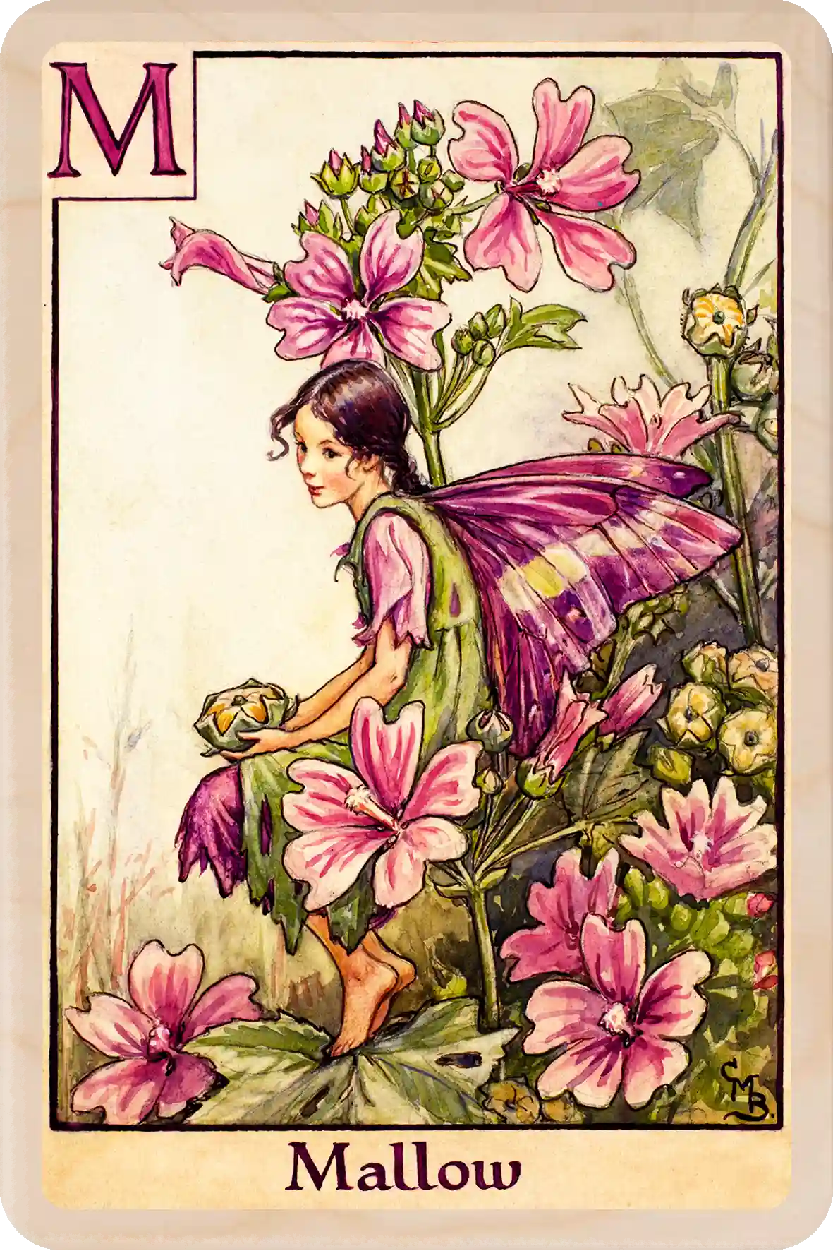 FM Mallow Fairy: Alphabet Flower Fairies™ Wooden Postcard
Original Flower Fairies™ illustration by Cicely Mary Barker, printed in Suffolk on sustainable wood. Part of the Alphabet Fairy collection to send, gift and display.
