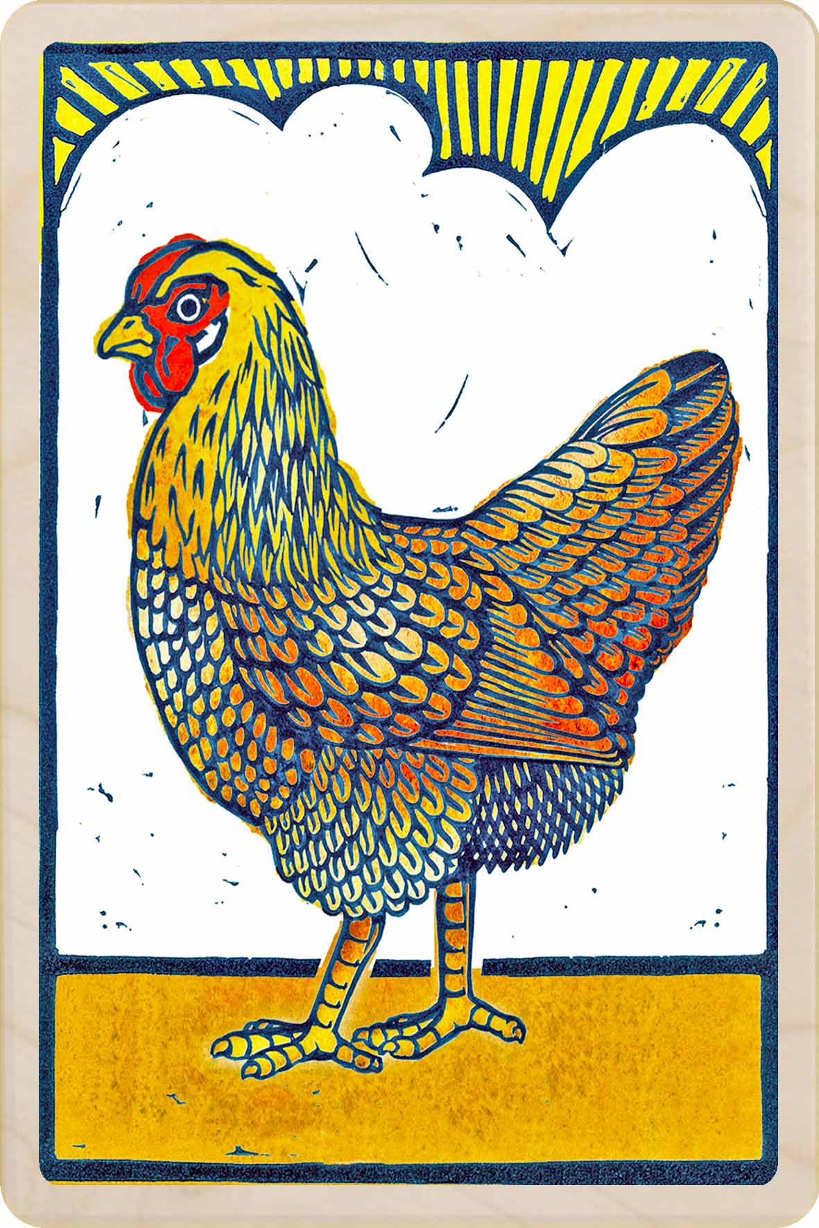 'Sunrise Hen' printed in Suffolk on sustainably sourced wood. A lasting postcard you can send, gift, or display.