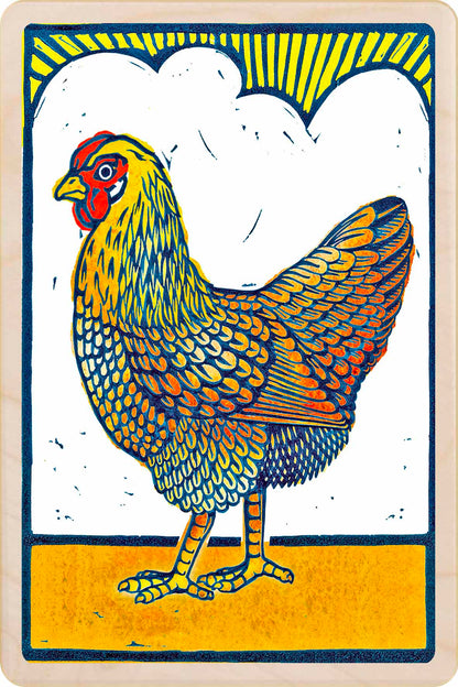 'Sunrise Hen' printed in Suffolk on sustainably sourced wood. A lasting postcard you can send, gift, or display.