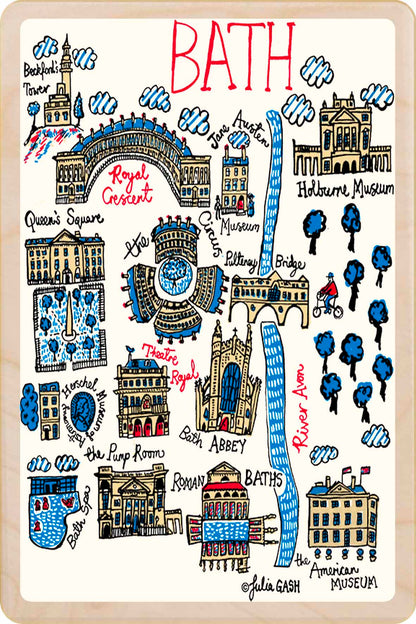 Bath wooden postcard by Julia Gash. A sustainable, mailable keepsake—perfect for gifting or collecting. Printed in Suffolk on eco-friendly wood and handmade in the UK since 2012.