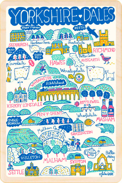 Yorkshire Dales wooden postcard by Julia Gash. A sustainable, mailable keepsake—perfect for gifting or collecting. Printed in Suffolk on eco-friendly wood and handmade in the UK since 2012.