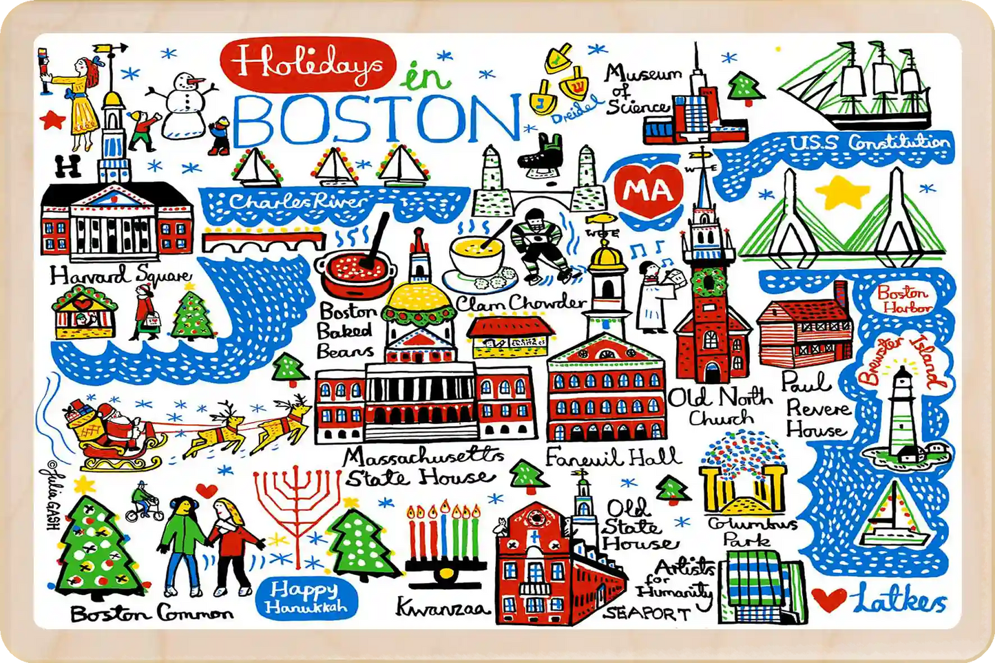 Holidays in Boston, Massachusetts Travel Art Wooden Postcard to send, gift, and keep. The Wooden Postcard Company