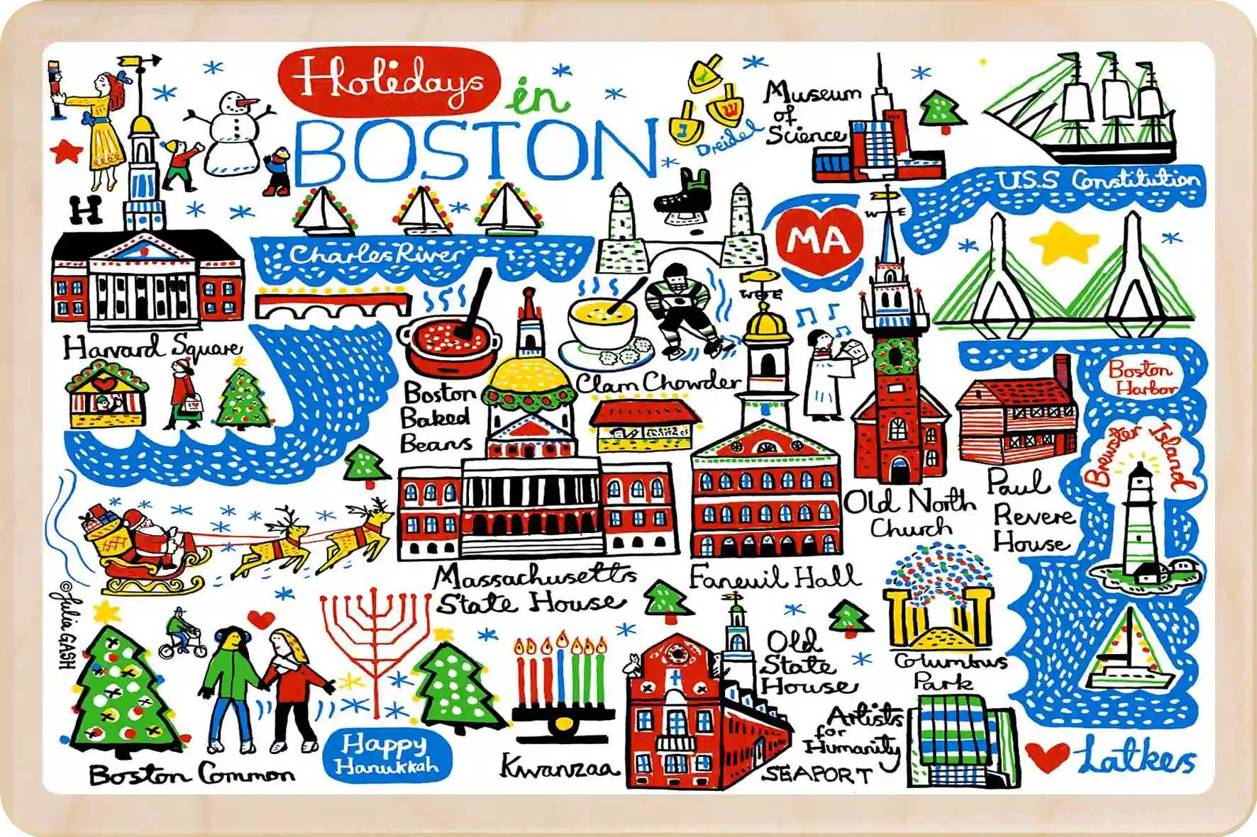 Holidays in Boston, Massachusetts Travel Art Wooden Postcard to send, gift, and keep. The Wooden Postcard Company