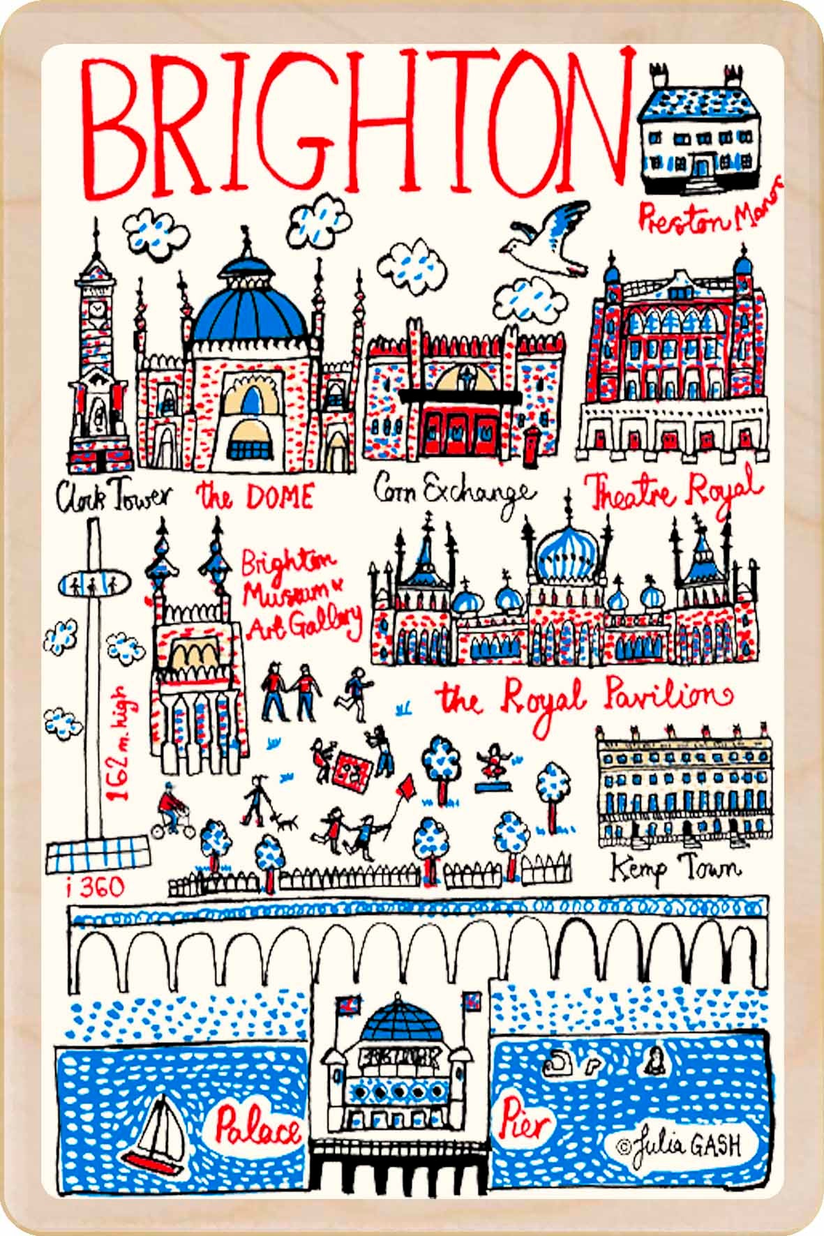 Brighton wooden postcard by Julia Gash. A sustainable, mailable keepsake—perfect for gifting or collecting. Printed in Suffolk on eco-friendly wood and handmade in the UK since 2012.