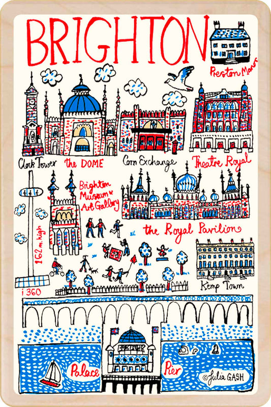 Brighton wooden postcard by Julia Gash. A sustainable, mailable keepsake—perfect for gifting or collecting. Printed in Suffolk on eco-friendly wood and handmade in the UK since 2012.