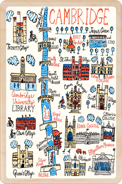 Cambridge wooden postcard by Julia Gash. A sustainable, mailable keepsake—perfect for gifting or collecting. Printed in Suffolk on eco-friendly wood and handmade in the UK since 2012.