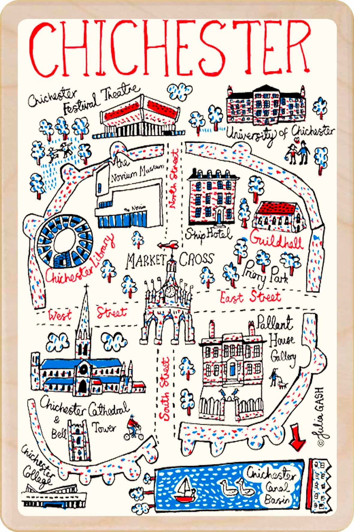 Chichester wooden postcard by Julia Gash. A sustainable, mailable keepsake—perfect for gifting or collecting. Printed in Suffolk on eco-friendly wood and handmade in the UK since 2012.