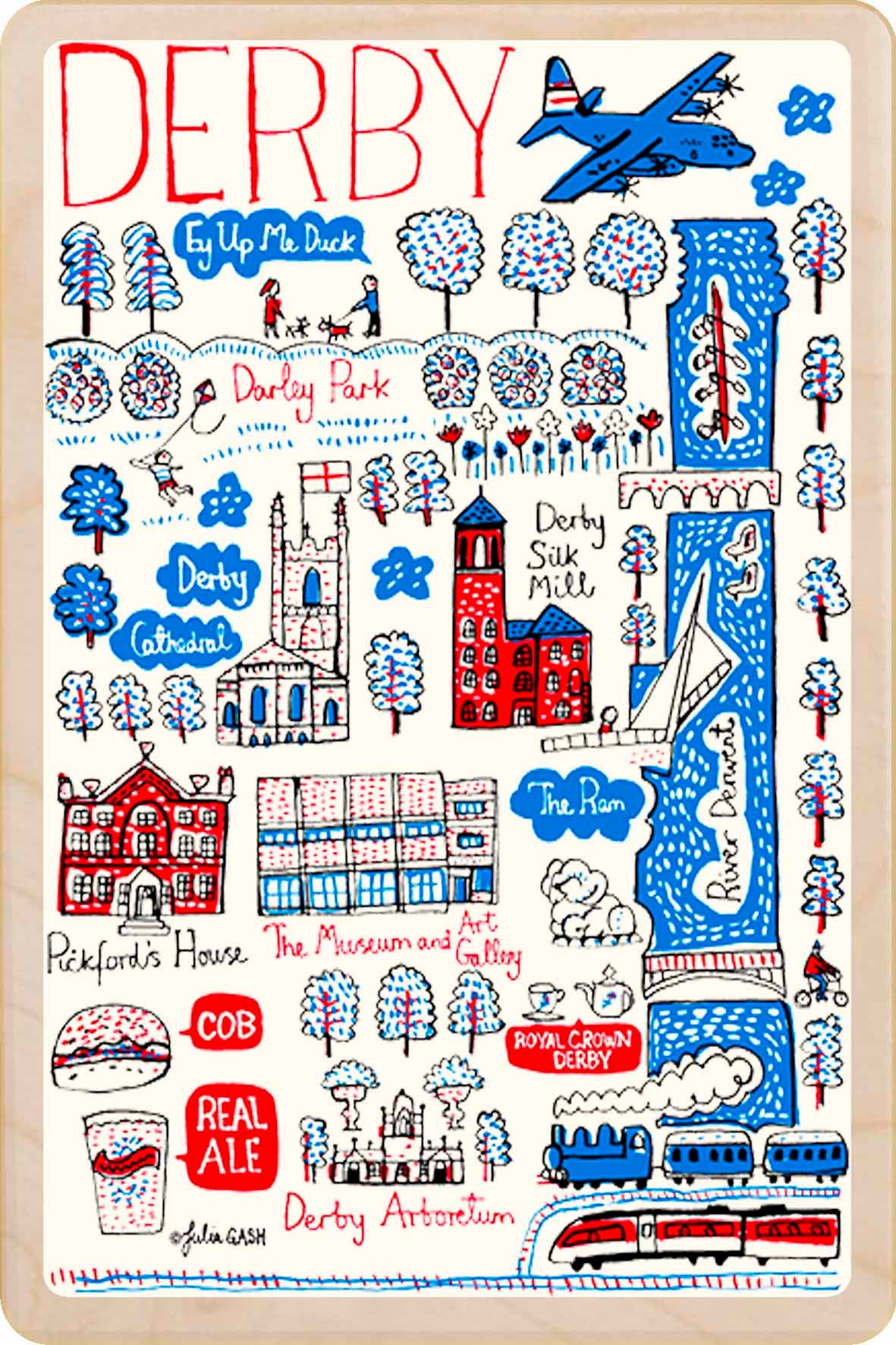 Derby wooden postcard by Julia Gash. A sustainable, mailable keepsake—perfect for gifting or collecting. Printed in Suffolk on eco-friendly wood and handmade in the UK since 2012.