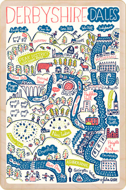 Derbyshire Dales wooden postcard by Julia Gash. A sustainable, mailable keepsake—perfect for gifting or collecting. Printed in Suffolk on eco-friendly wood and handmade in the UK since 2012.